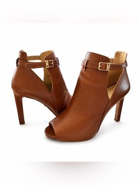Michael Kors Lawson Open Toe Heeled Booties Brown Leather Size 7.5